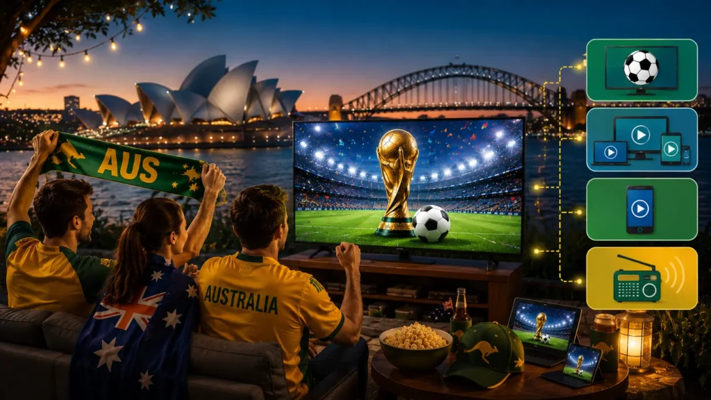Australian football fans watching FIFA World Cup 2026 on a large screen with Sydney Harbour backdrop and multiple viewing devices during an outdoor match night