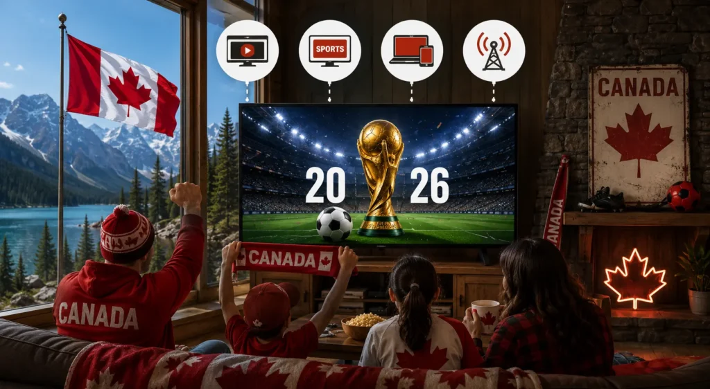 Canadian football fans watching FIFA World Cup 2026 coverage in a cozy mountain lodge with Canadian-themed decorations and a large screen showing tournament action