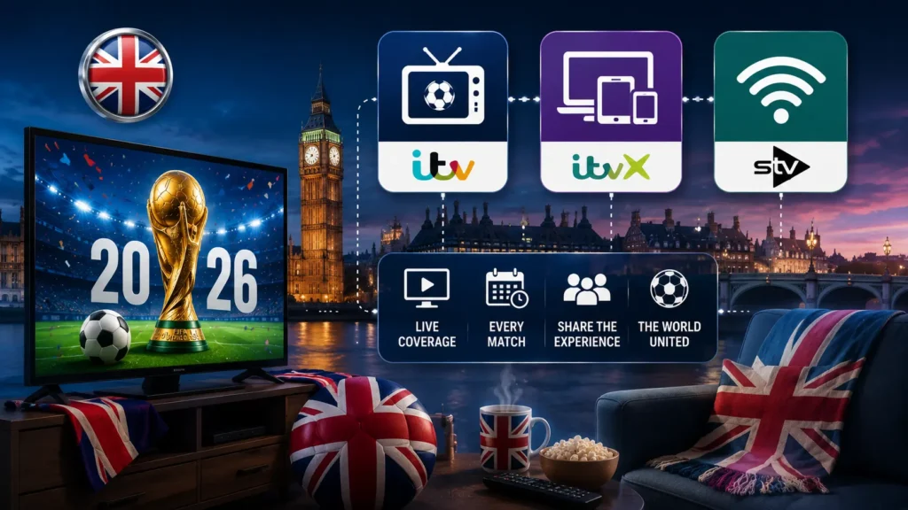 Football fans in the United Kingdom watching FIFA World Cup 2026 coverage from home with London skyline, television, and streaming devices in a matchday atmosphere