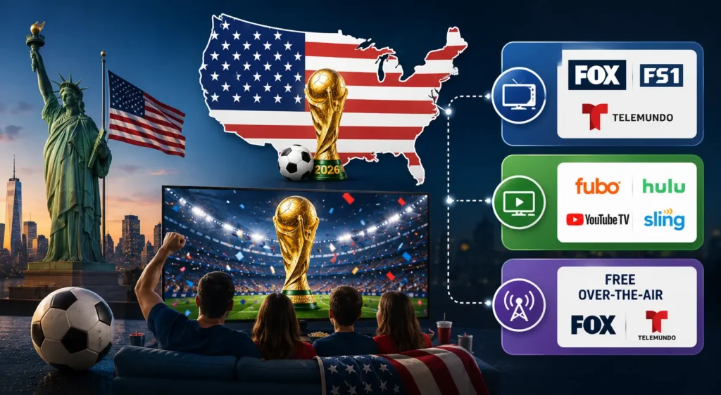 American football fans watching FIFA World Cup 2026 coverage at home with TV, streaming devices, and USA-themed matchday atmosphere