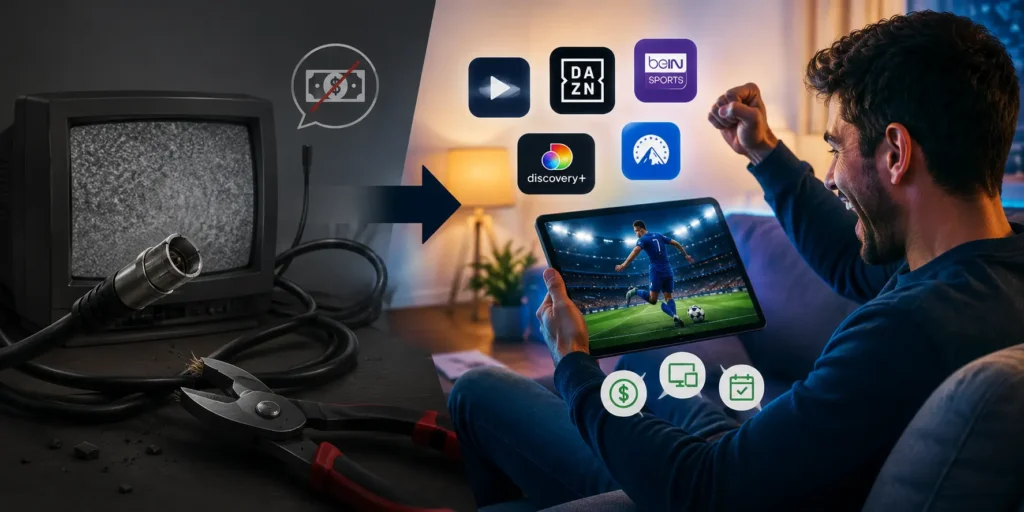 Football fan switching from old cable television to modern football streaming on a tablet in a cozy living room setup